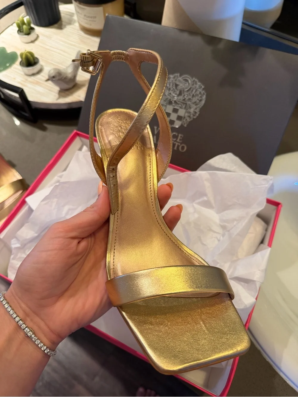 Vince Camuto- Gold Women's Ankle-Strap Sandal - Elegant Metallic Dress Heel